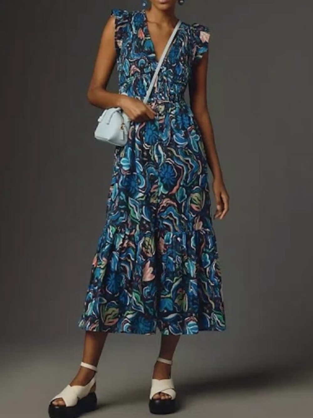 ANTHROPOLOGIE WOMENS PEREGRINE MIDI DRESS SMOCKED BLUE FLUTTER SLEEVE LARGE